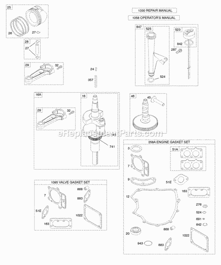 Camshaft Crankshaft Gasket Set - Engine Gasket Set - Valve Lubrication Piston Rings Connecting Rod Diagram and Parts List for 405777-0112-E1  Briggs and Stratton Engine